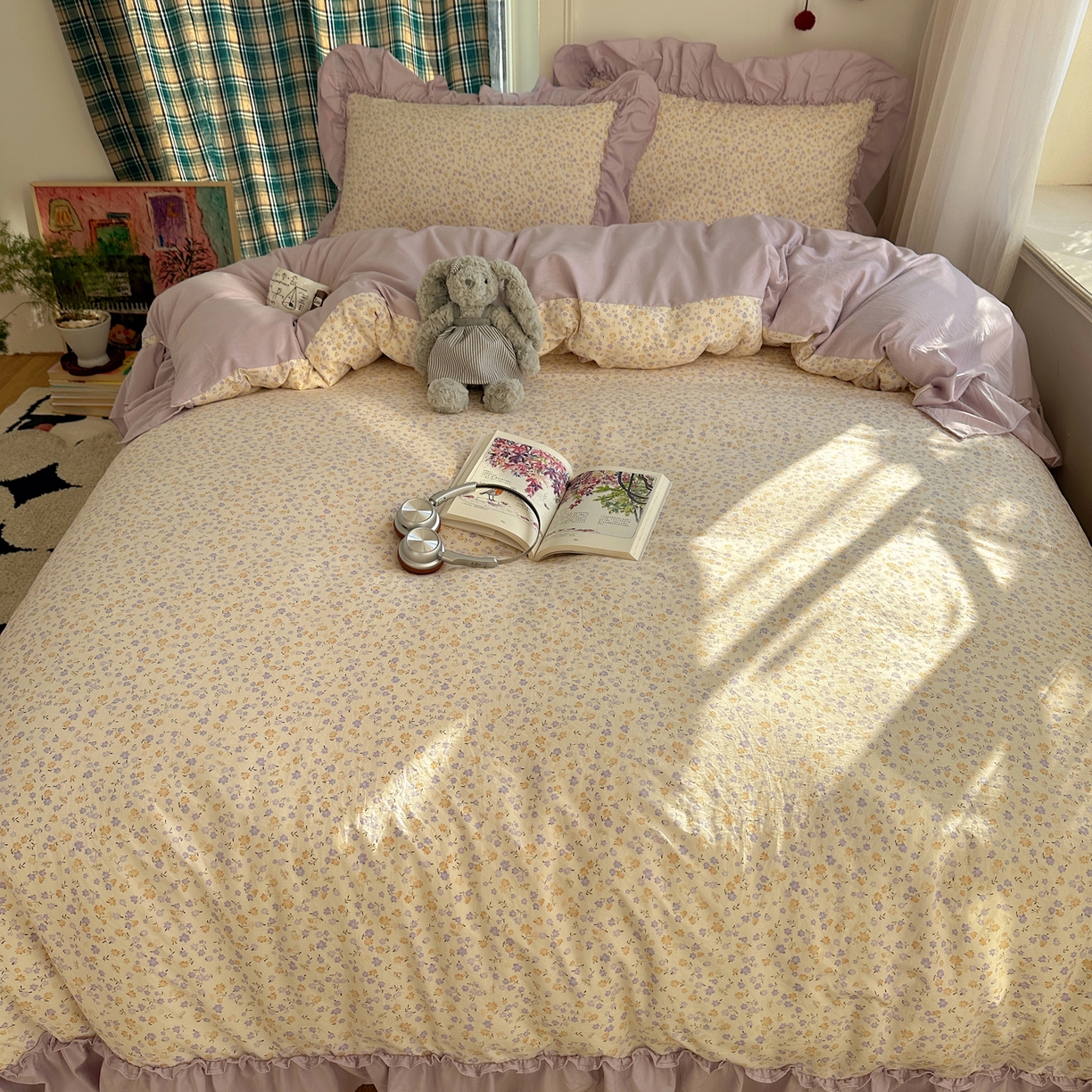 91家纺网 家纺一手货源 找家纺 凯洛奇 2026新款A类仿棉四件套古法水洗棉法式工艺花边套件（提供买家秀） 紫藤花语