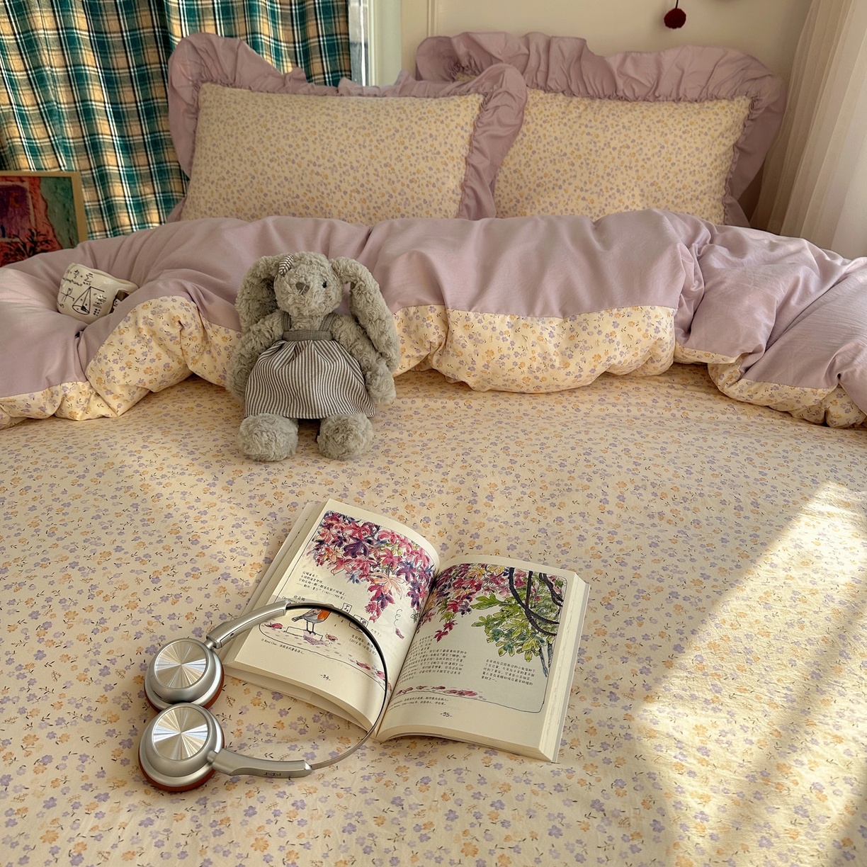 91家纺网 家纺一手货源 找家纺 凯洛奇 2026新款A类仿棉四件套古法水洗棉法式工艺花边套件（提供买家秀） 紫藤花语