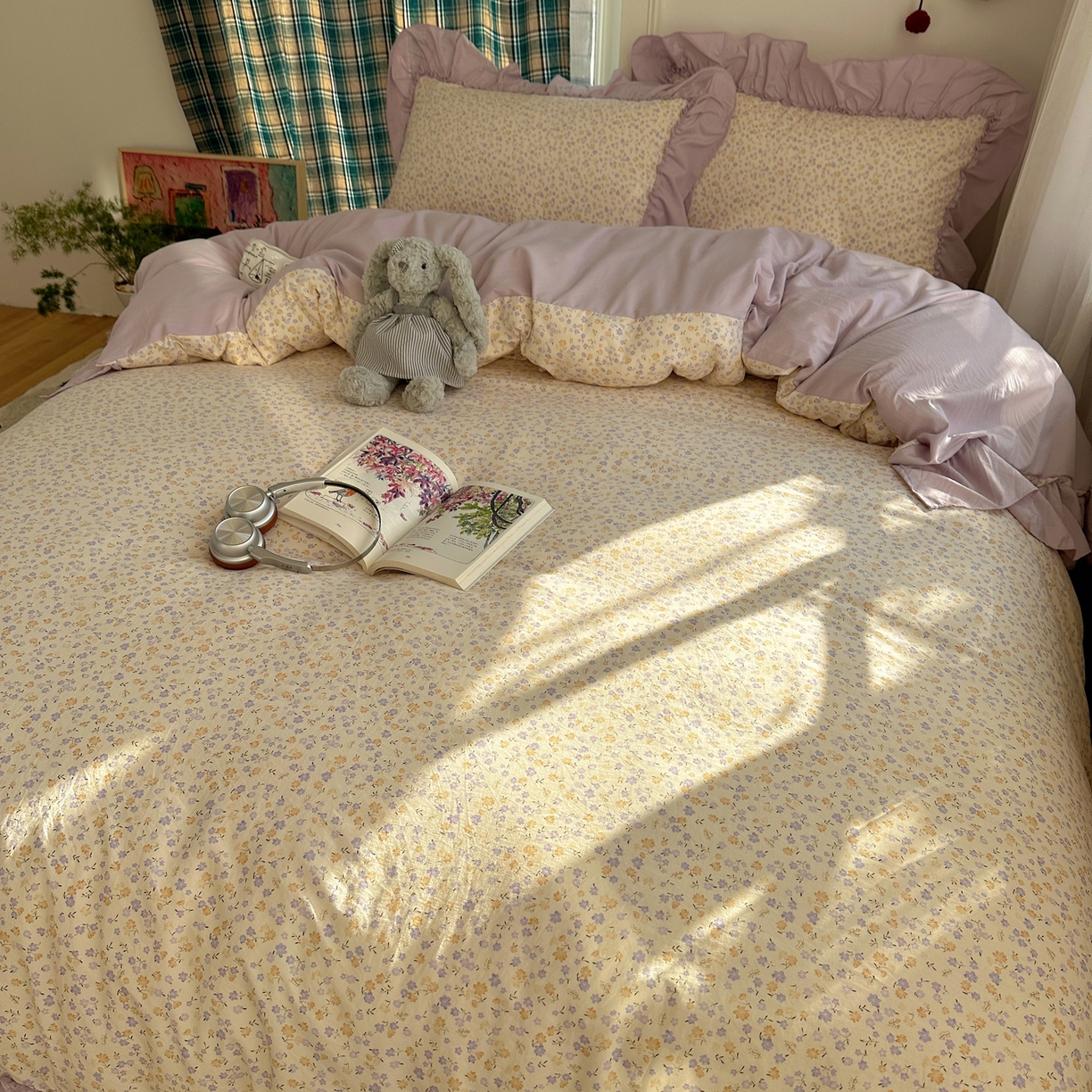 91家纺网 家纺一手货源 找家纺 凯洛奇 2026新款A类仿棉四件套古法水洗棉法式工艺花边套件（提供买家秀） 紫藤花语