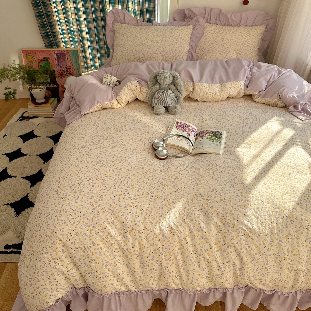 91家纺网 家纺一手货源 找家纺 凯洛奇 2026新款A类仿棉四件套古法水洗棉法式工艺花边套件（提供买家秀） 紫藤花语