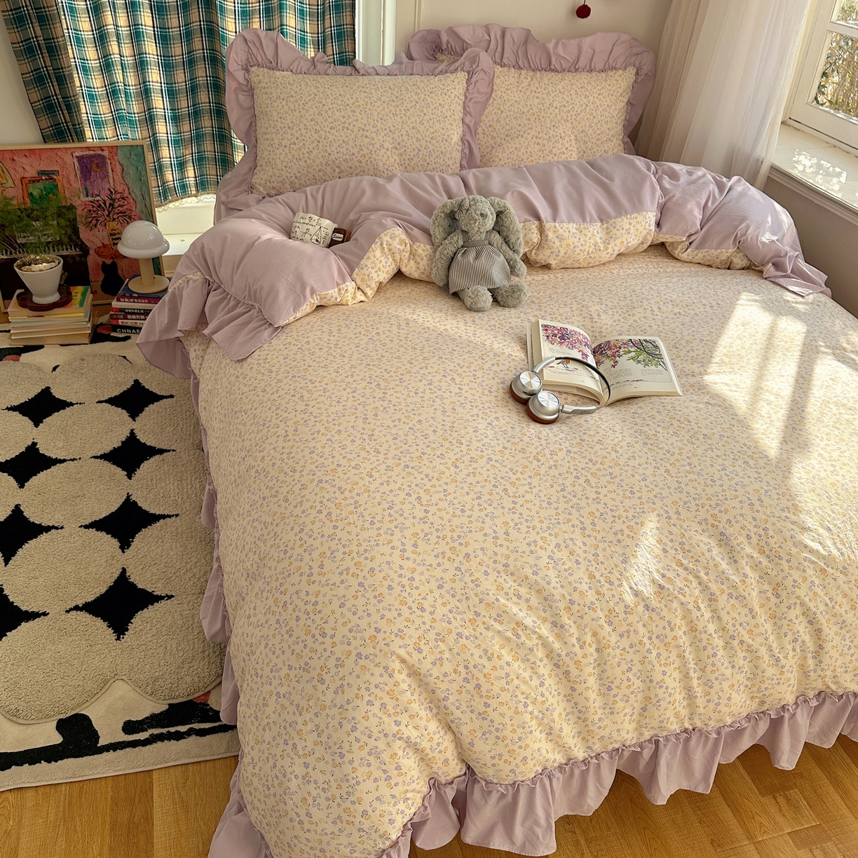 91家纺网 家纺一手货源 找家纺 凯洛奇 2026新款A类仿棉四件套古法水洗棉法式工艺花边套件（提供买家秀） 紫藤花语