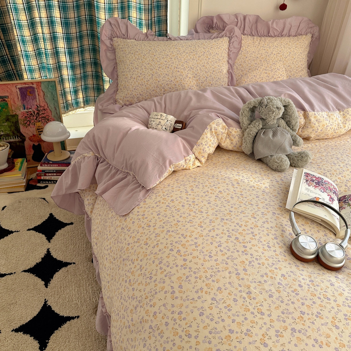 91家纺网 家纺一手货源 找家纺 凯洛奇 2026新款A类仿棉四件套古法水洗棉法式工艺花边套件（提供买家秀） 紫藤花语