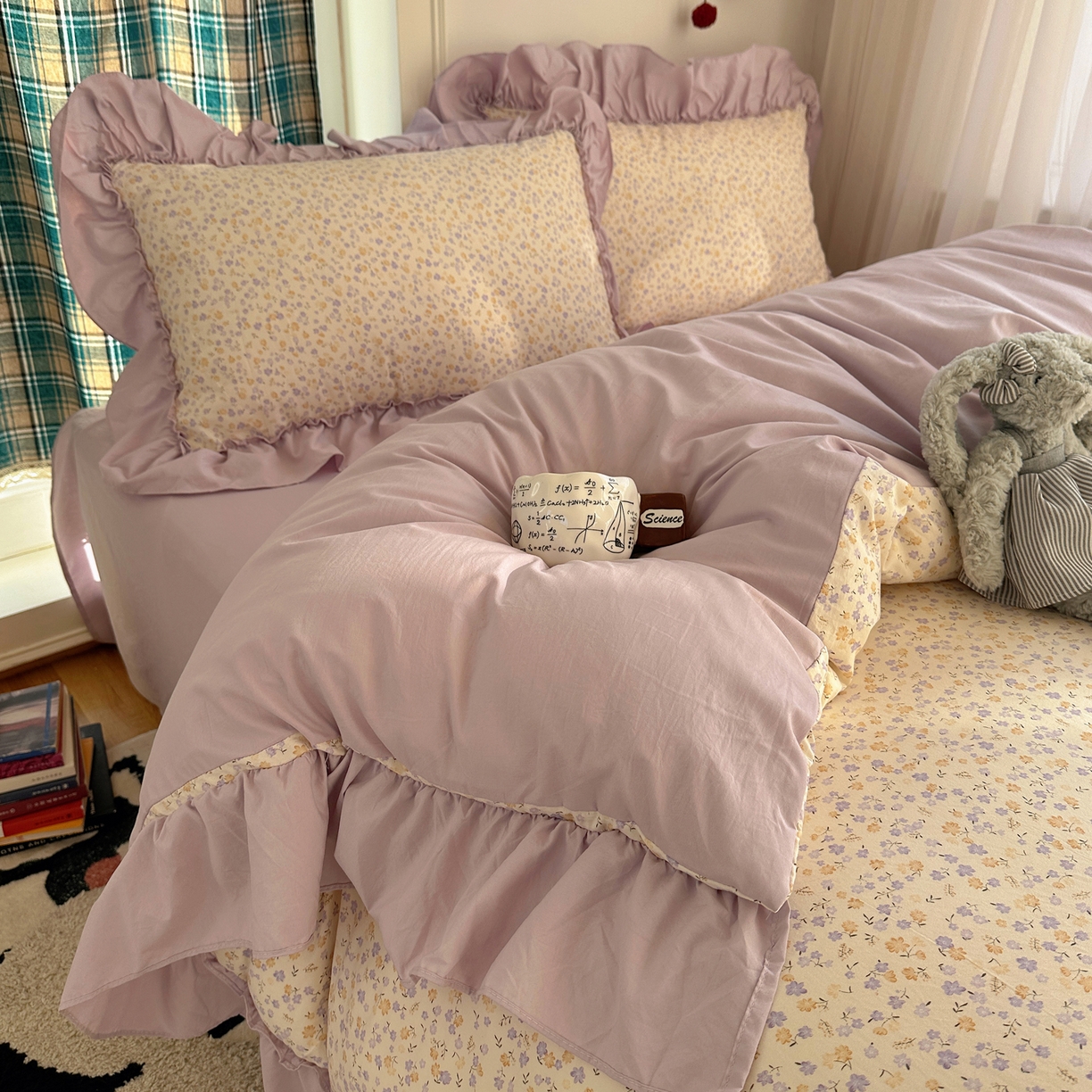 91家纺网 家纺一手货源 找家纺 凯洛奇 2026新款A类仿棉四件套古法水洗棉法式工艺花边套件（提供买家秀） 紫藤花语