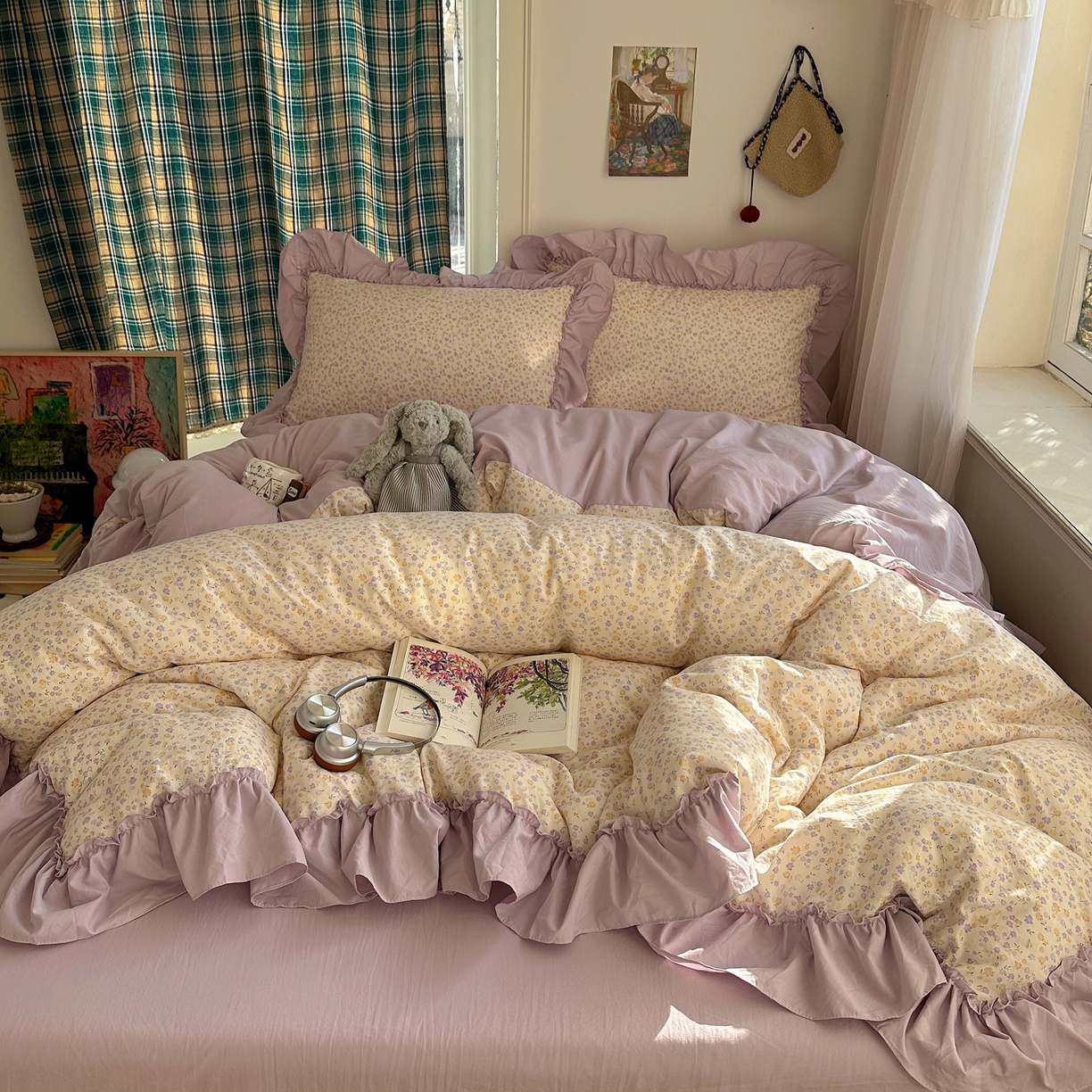 91家纺网 家纺一手货源 找家纺 凯洛奇 2026新款A类仿棉四件套古法水洗棉法式工艺花边套件（提供买家秀） 紫藤花语