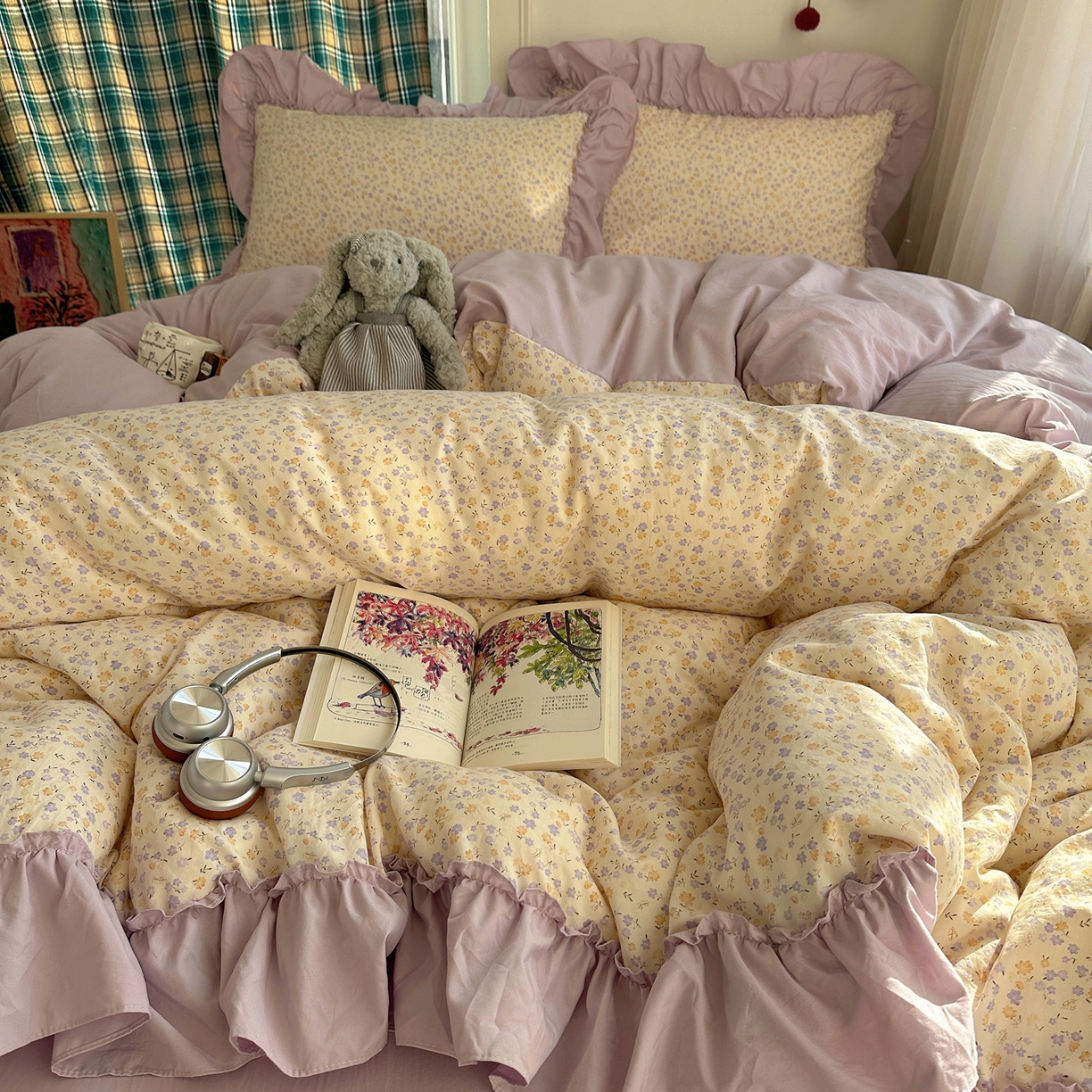 91家纺网 家纺一手货源 找家纺 凯洛奇 2026新款A类仿棉四件套古法水洗棉法式工艺花边套件（提供买家秀） 紫藤花语