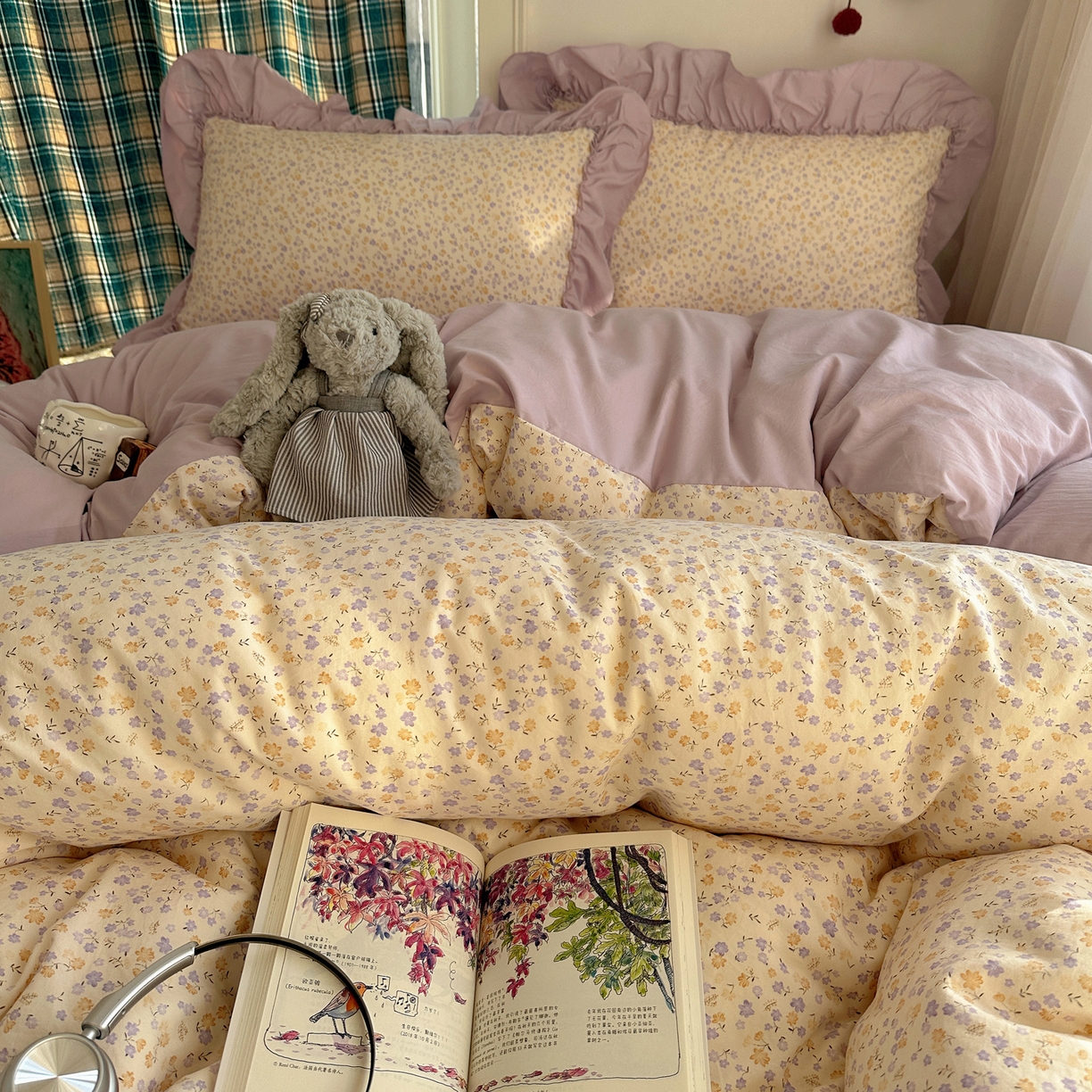 91家纺网 家纺一手货源 找家纺 凯洛奇 2026新款A类仿棉四件套古法水洗棉法式工艺花边套件（提供买家秀） 紫藤花语