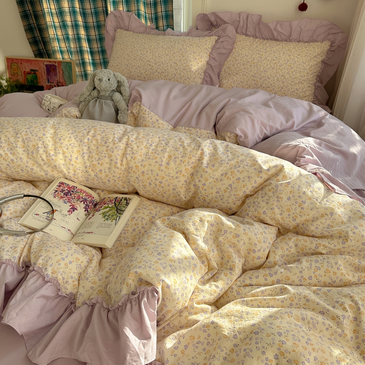 91家纺网 家纺一手货源 找家纺 凯洛奇 2026新款A类仿棉四件套古法水洗棉法式工艺花边套件（提供买家秀） 紫藤花语