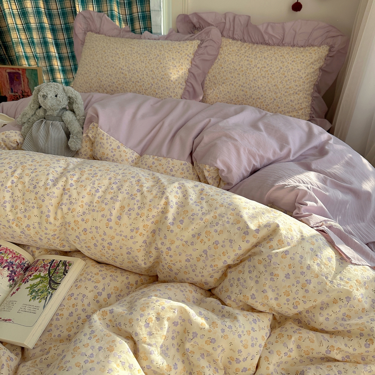 91家纺网 家纺一手货源 找家纺 凯洛奇 2026新款A类仿棉四件套古法水洗棉法式工艺花边套件（提供买家秀） 紫藤花语