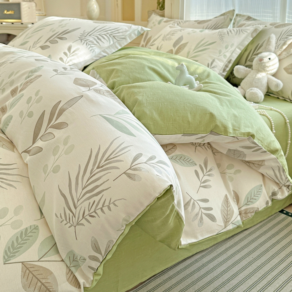 春雨家居 2026新款全棉纯棉花ins减龄可爱小清新四件套 叶语轻喃-绿