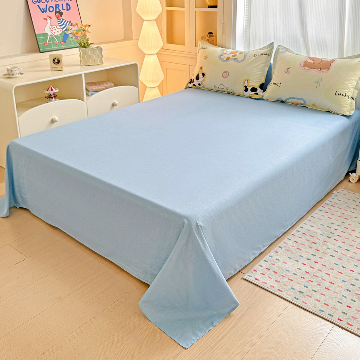 91家纺网 家纺一手货源 找家纺 春雨家居 2026新款全棉纯棉花ins减龄可爱小清新四件套 奶油羞羞狗