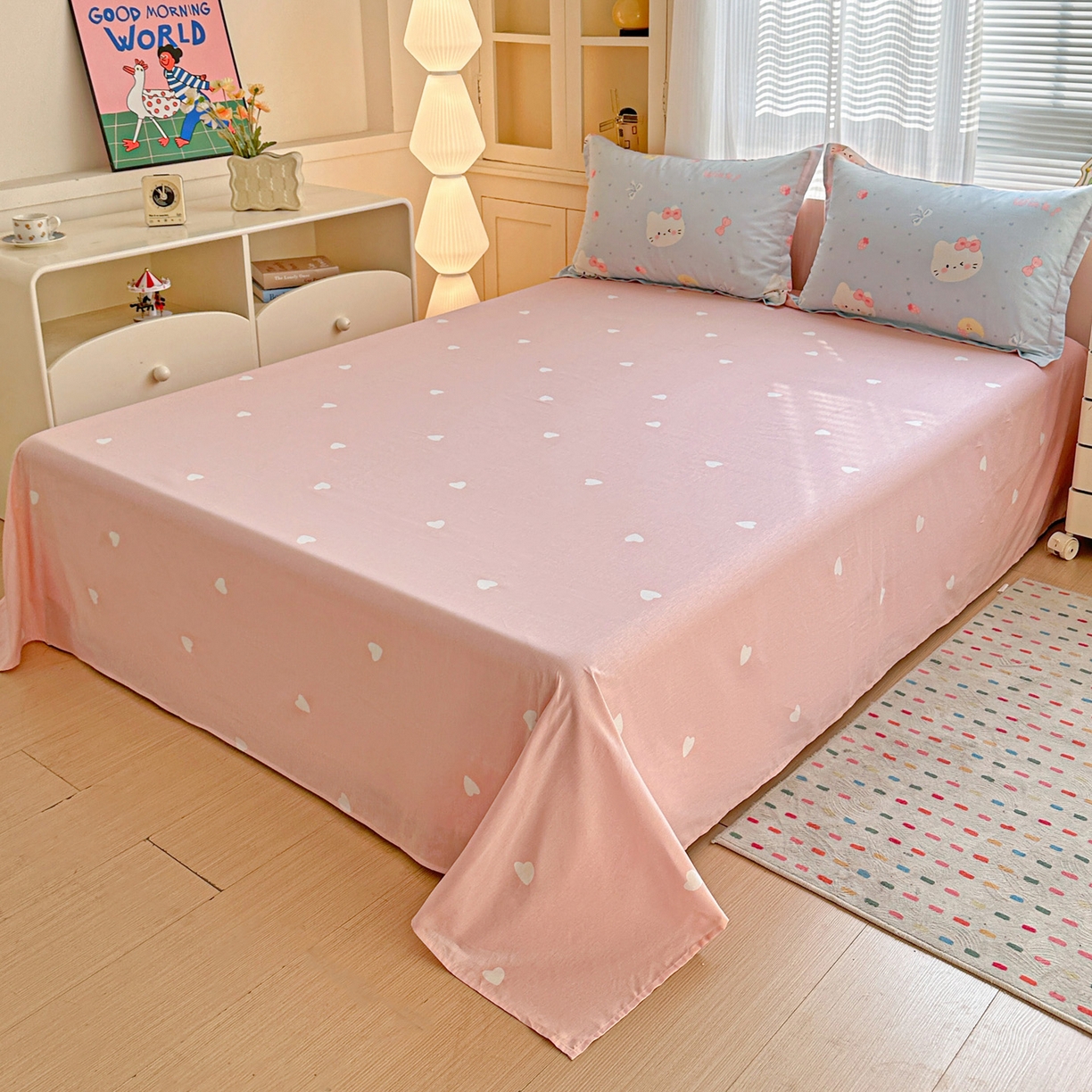 91家纺网 家纺一手货源 找家纺 春雨家居 2026新款全棉纯棉花ins减龄可爱小清新四件套 奶油凯蒂-兰