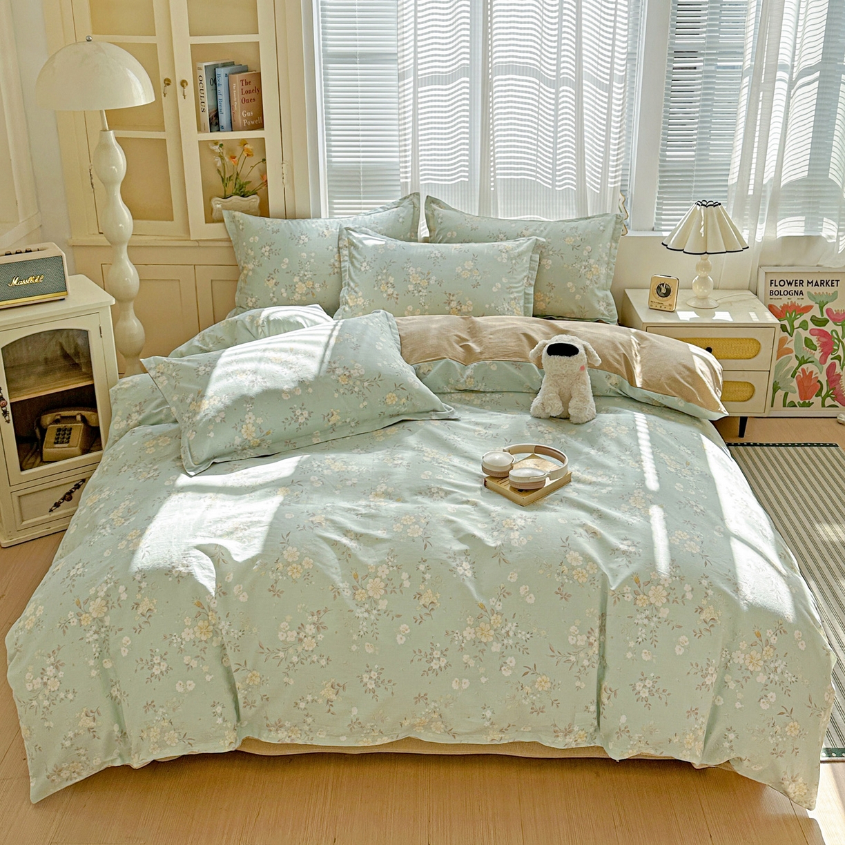 91家纺网 家纺一手货源 找家纺 春雨家居 2026新款全棉纯棉花ins减龄可爱小清新四件套 苏林-绿