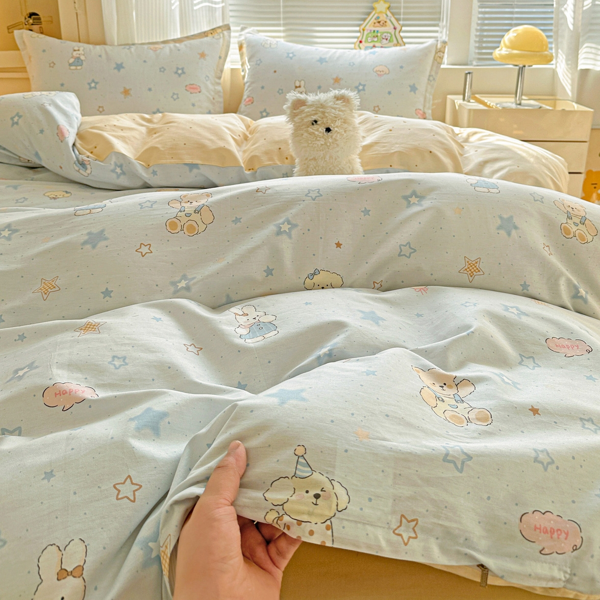 91家纺网 家纺一手货源 找家纺 春雨家居 2026新款全棉纯棉花ins减龄可爱小清新四件套 星星童话园-兰