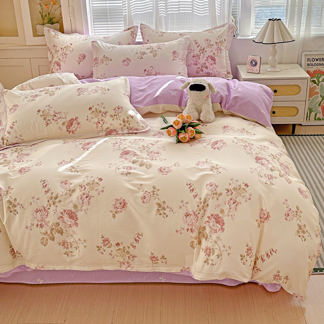 91家纺网 家纺一手货源 找家纺 春雨家居 2026新款全棉纯棉花ins减龄可爱小清新四件套 朵唯