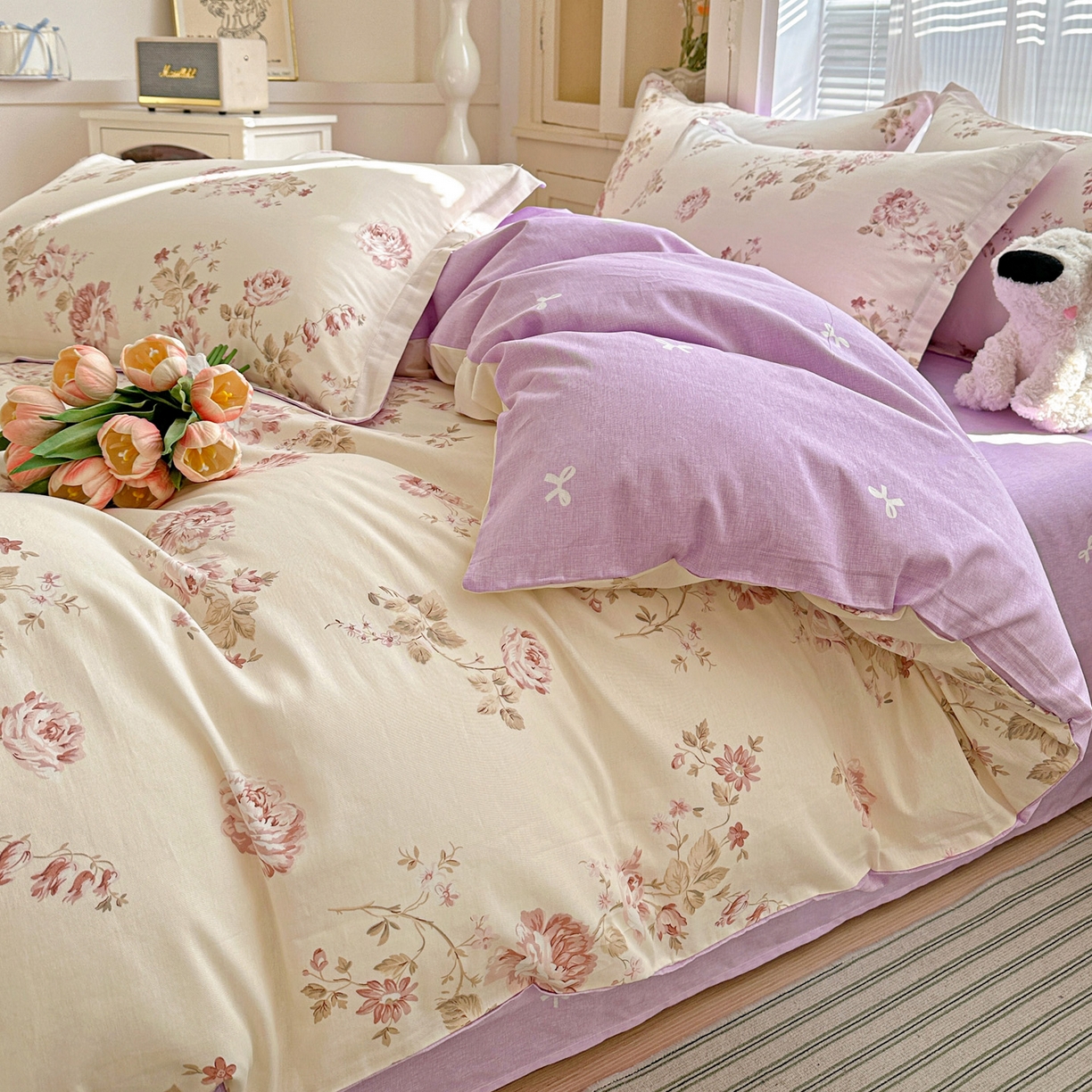 91家纺网 家纺一手货源 找家纺 春雨家居 2026新款全棉纯棉花ins减龄可爱小清新四件套 朵唯