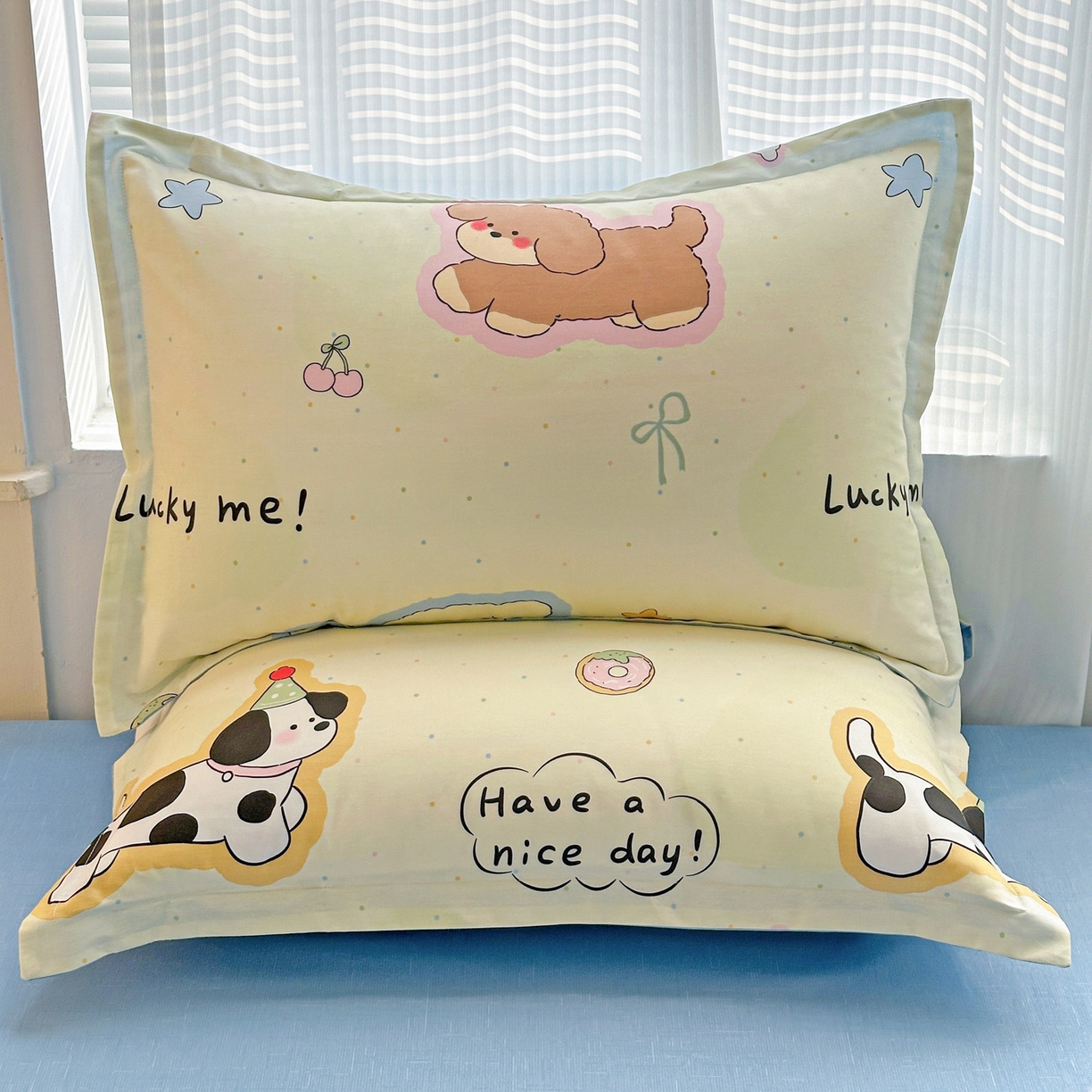 91家纺网 家纺一手货源 找家纺 春雨家居 2026新款全棉纯棉花ins减龄可爱小清新四件套 奶油羞羞狗