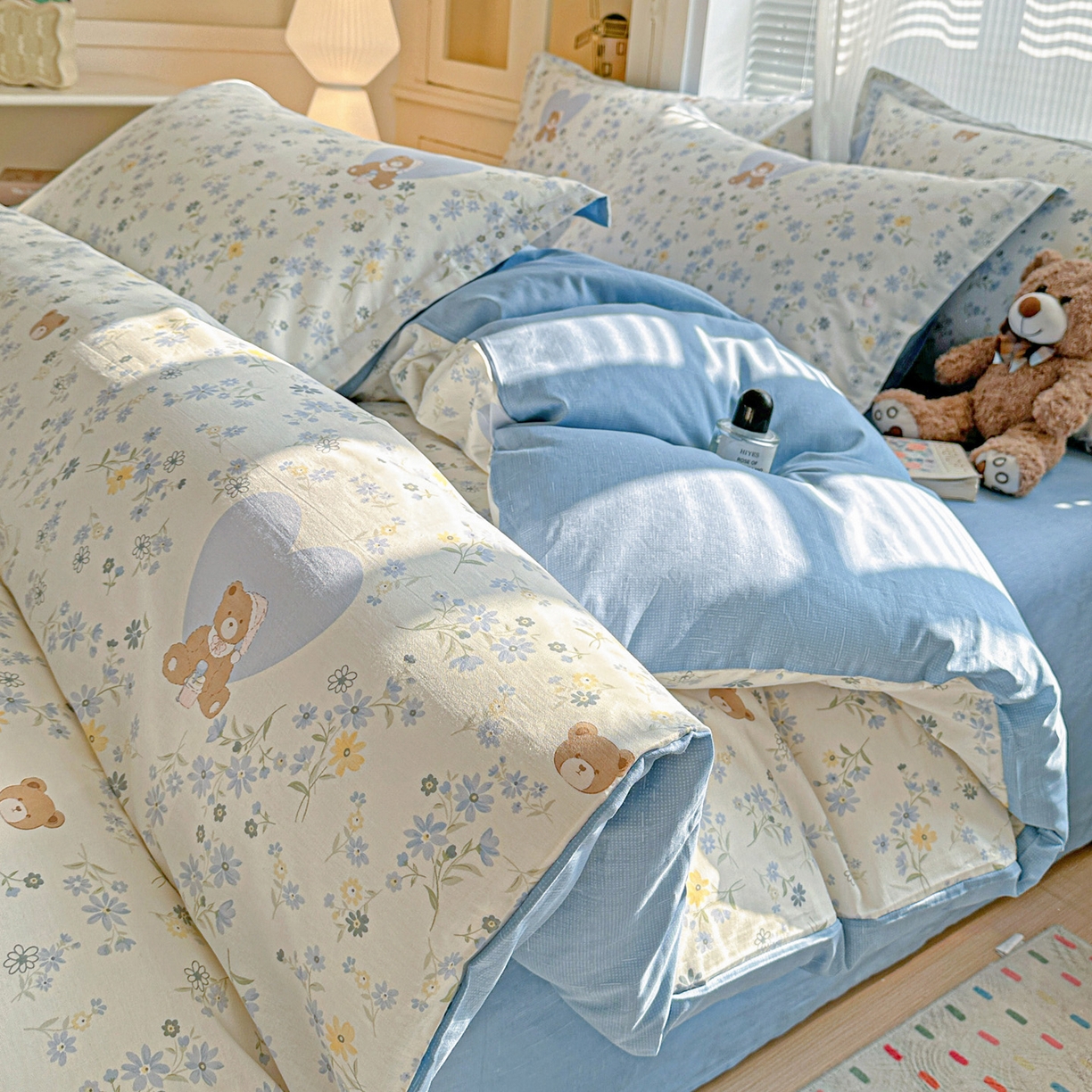 春雨家居 2026新款全棉纯棉花ins减龄可爱小清新四件套 旧书折痕-蓝