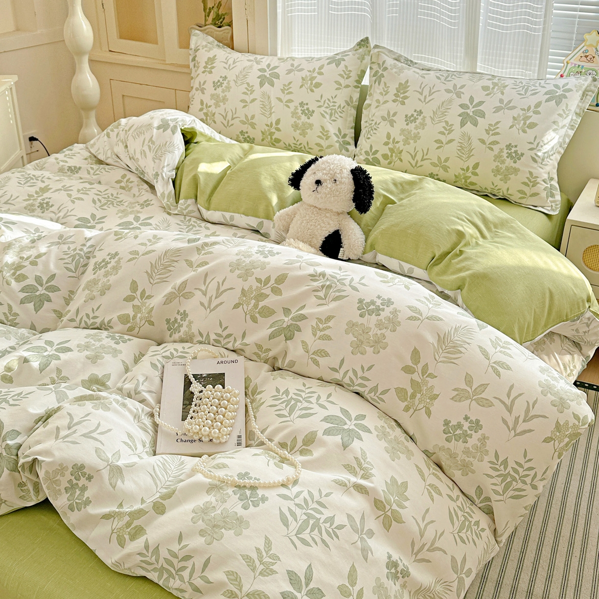 91家纺网 家纺一手货源 找家纺 春雨家居 2026新款全棉纯棉花ins减龄可爱小清新四件套 洛克庄园-绿