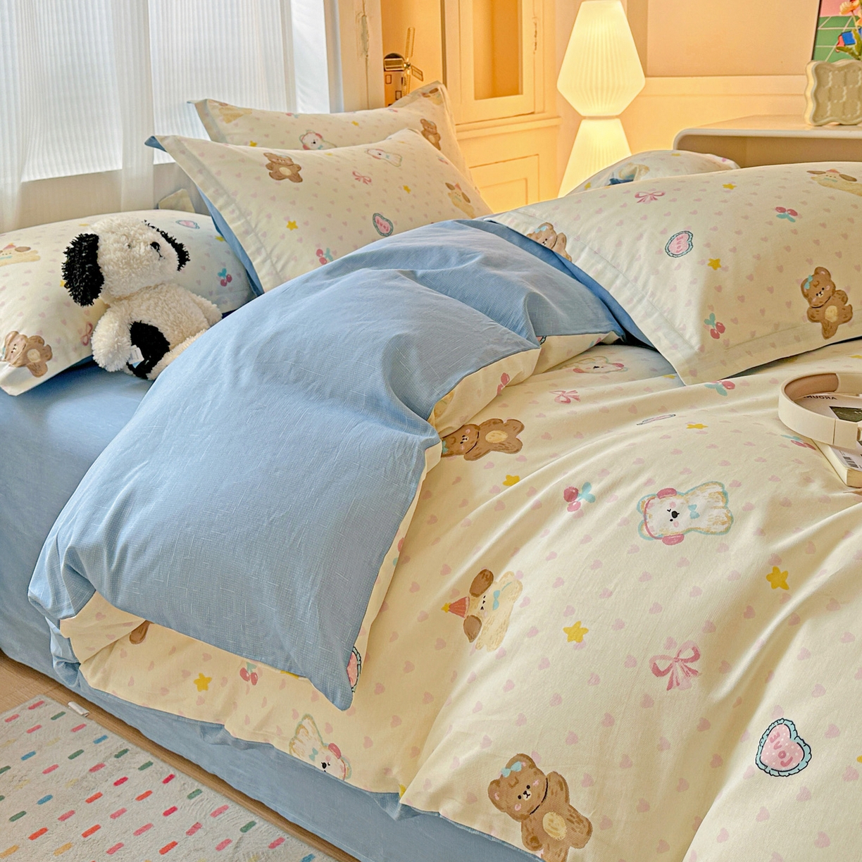 91家纺网 家纺一手货源 找家纺 春雨家居 2026新款全棉纯棉花ins减龄可爱小清新四件套 芋泥小狗