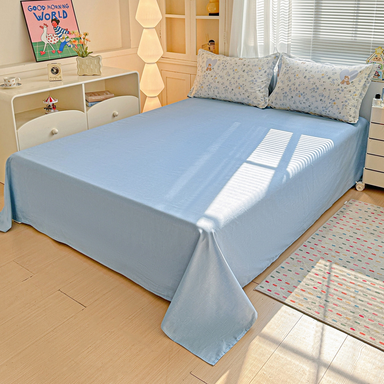 91家纺网 家纺一手货源 找家纺 春雨家居 2026新款全棉纯棉花ins减龄可爱小清新四件套 旧书折痕-蓝