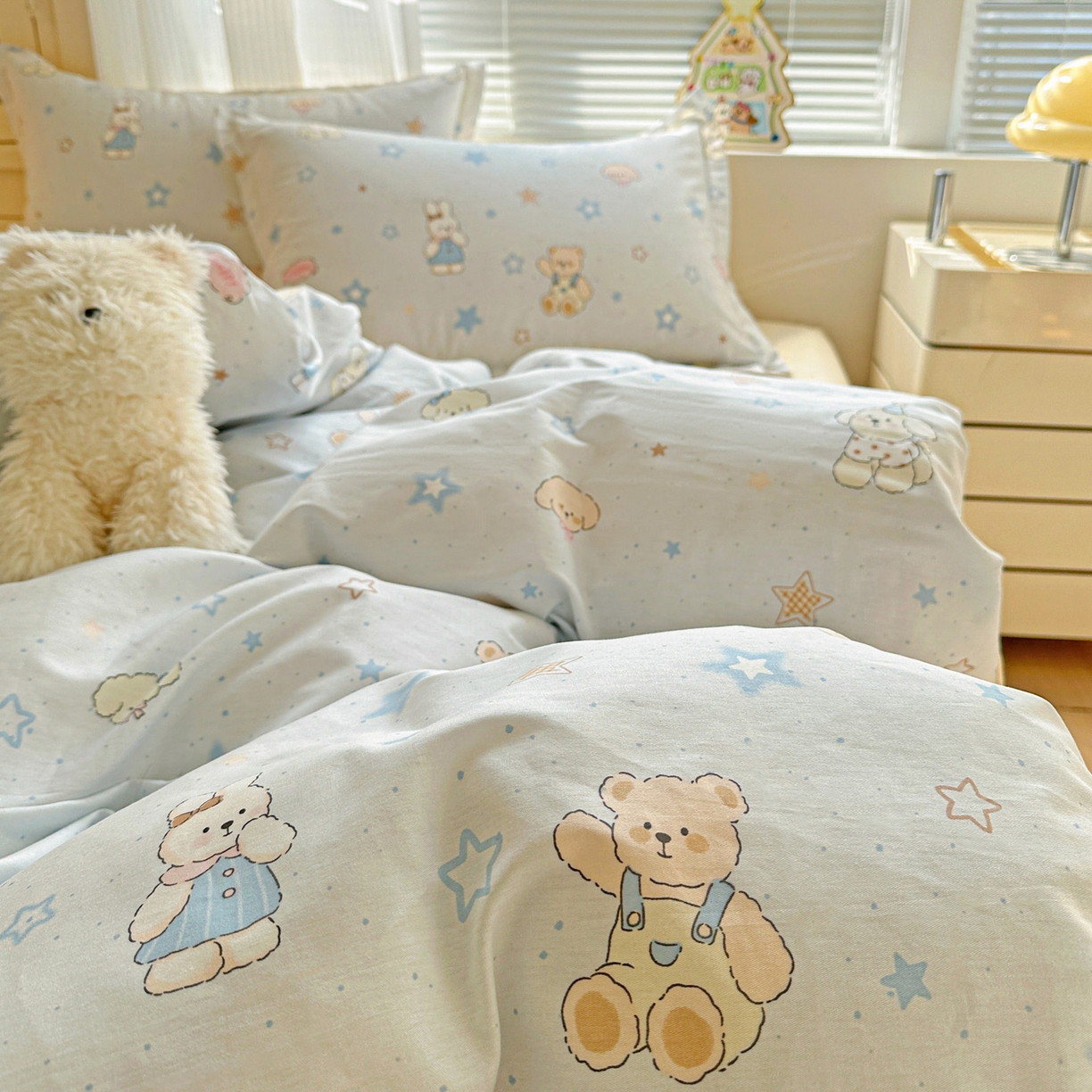 91家纺网 家纺一手货源 找家纺 春雨家居 2026新款全棉纯棉花ins减龄可爱小清新四件套 星星童话园-兰