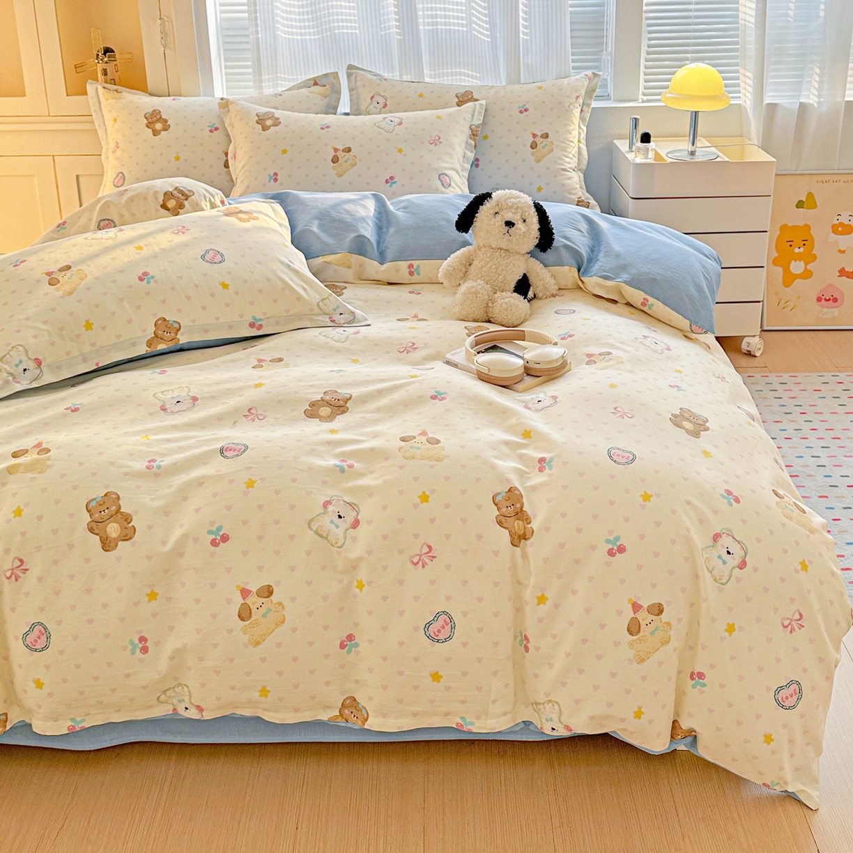 91家纺网 家纺一手货源 找家纺 春雨家居 2026新款全棉纯棉花ins减龄可爱小清新四件套 芋泥小狗