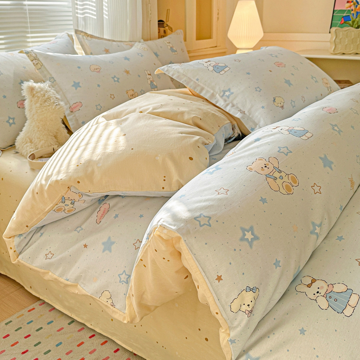 91家纺网 家纺一手货源 找家纺 春雨家居 2026新款全棉纯棉花ins减龄可爱小清新四件套 星星童话园-兰