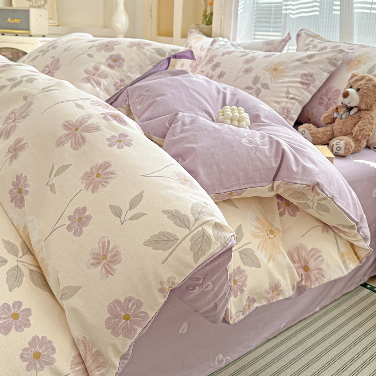 春雨家居 2026新款全棉纯棉花ins减龄可爱小清新四件套 秋日确幸-豆沙