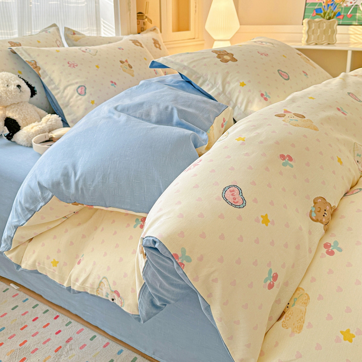 91家纺网 家纺一手货源 找家纺 春雨家居 2026新款全棉纯棉花ins减龄可爱小清新四件套 芋泥小狗