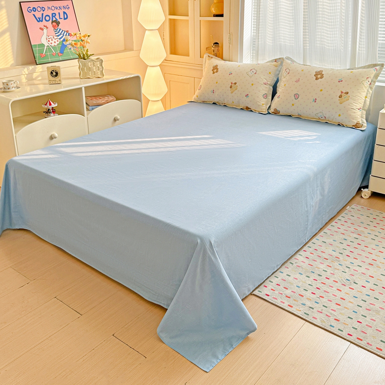 91家纺网 家纺一手货源 找家纺 春雨家居 2026新款全棉纯棉花ins减龄可爱小清新四件套 芋泥小狗