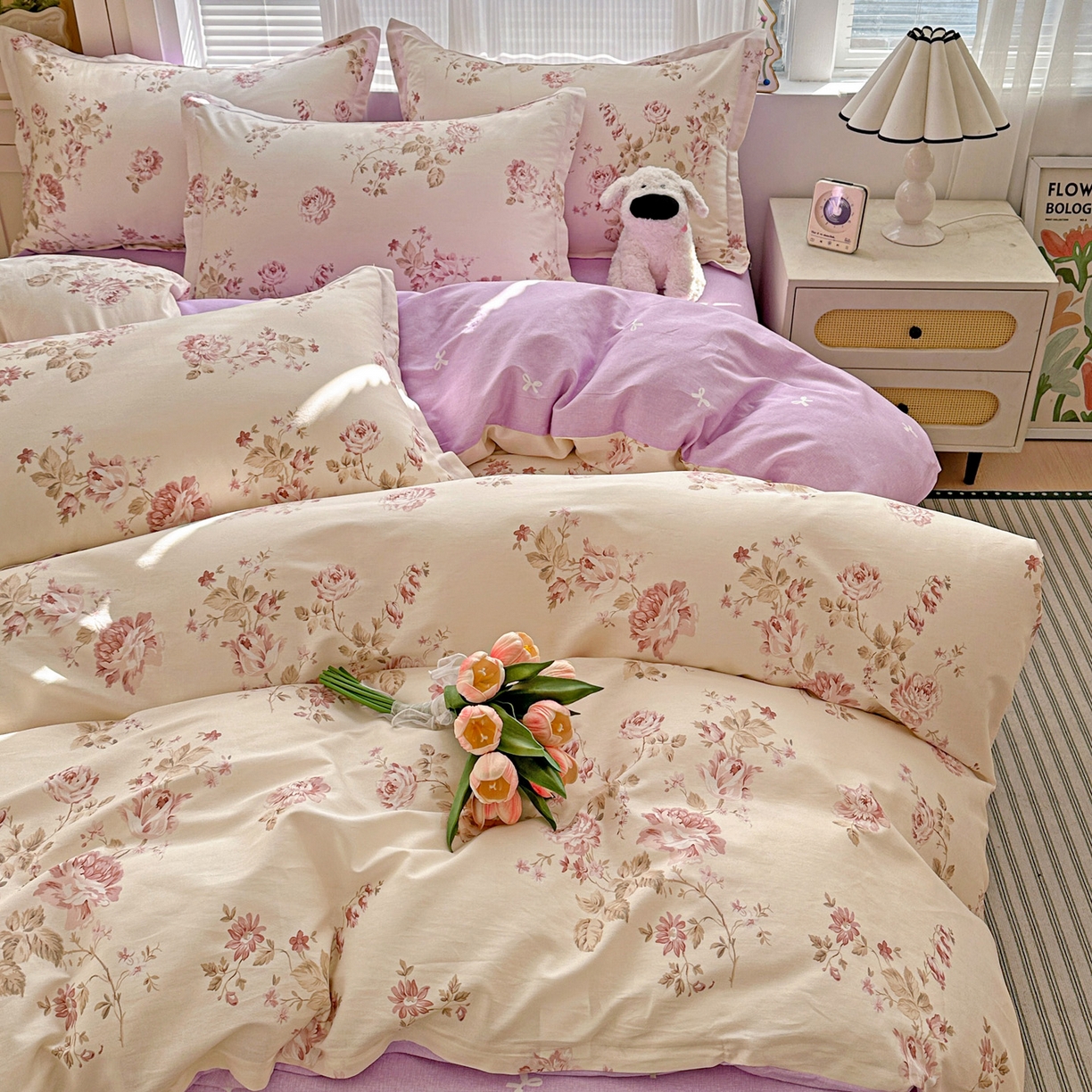 91家纺网 家纺一手货源 找家纺 春雨家居 2026新款全棉纯棉花ins减龄可爱小清新四件套 朵唯