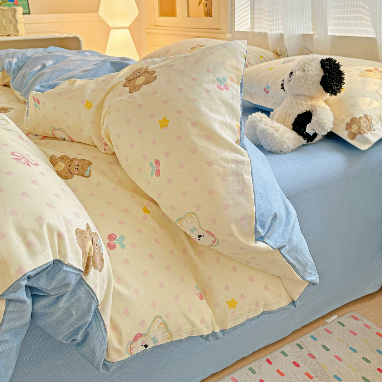 91家纺网 家纺一手货源 找家纺 春雨家居 2026新款全棉纯棉花ins减龄可爱小清新四件套 芋泥小狗