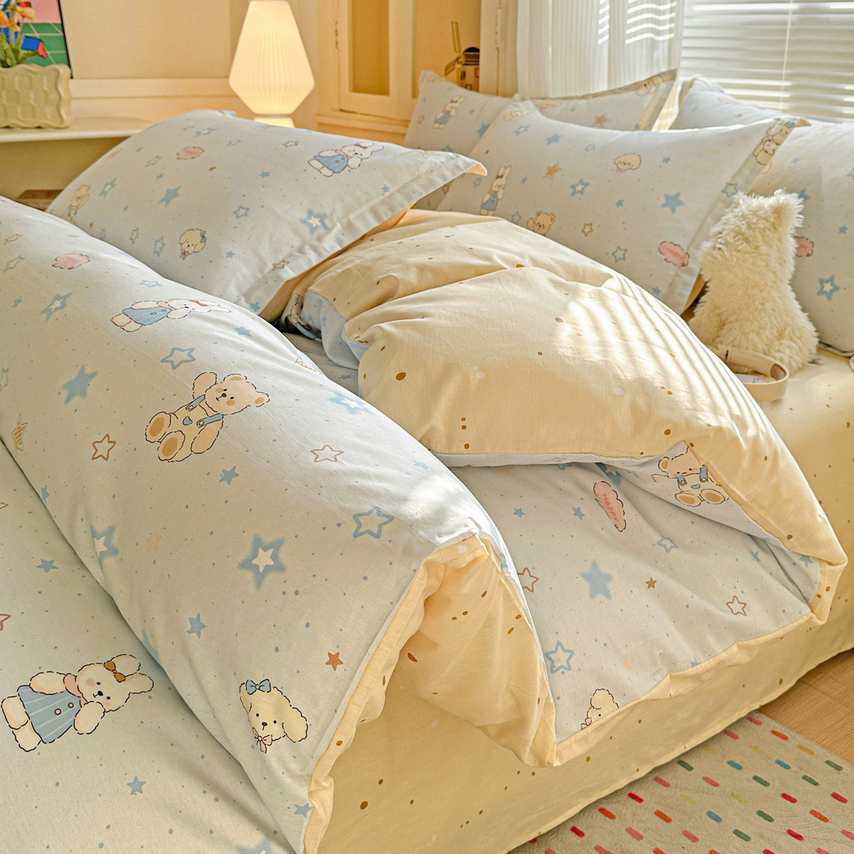 春雨家居 2026新款全棉纯棉花ins减龄可爱小清新四件套 星星童话园-兰