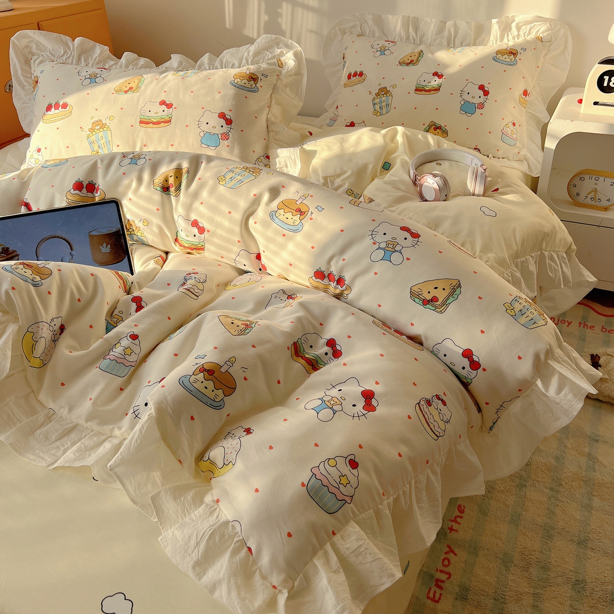 六巷胡同 2026春夏新款韩系可爱风花边款卡通全棉四件套（第一系列） 花边爱心汉堡喵