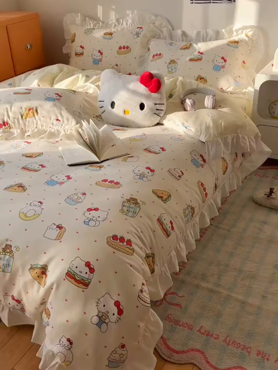 91家纺网 家纺一手货源 找家纺 六巷胡同 2026春夏新款韩系可爱风花边款卡通全棉四件套（第一系列） 花边爱心汉堡喵