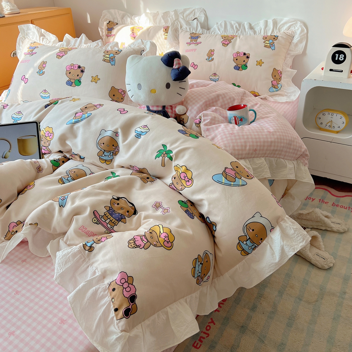 六巷胡同 2026春夏新款韩系可爱风花边款卡通全棉四件套（第一系列） 花边度假冲浪猫