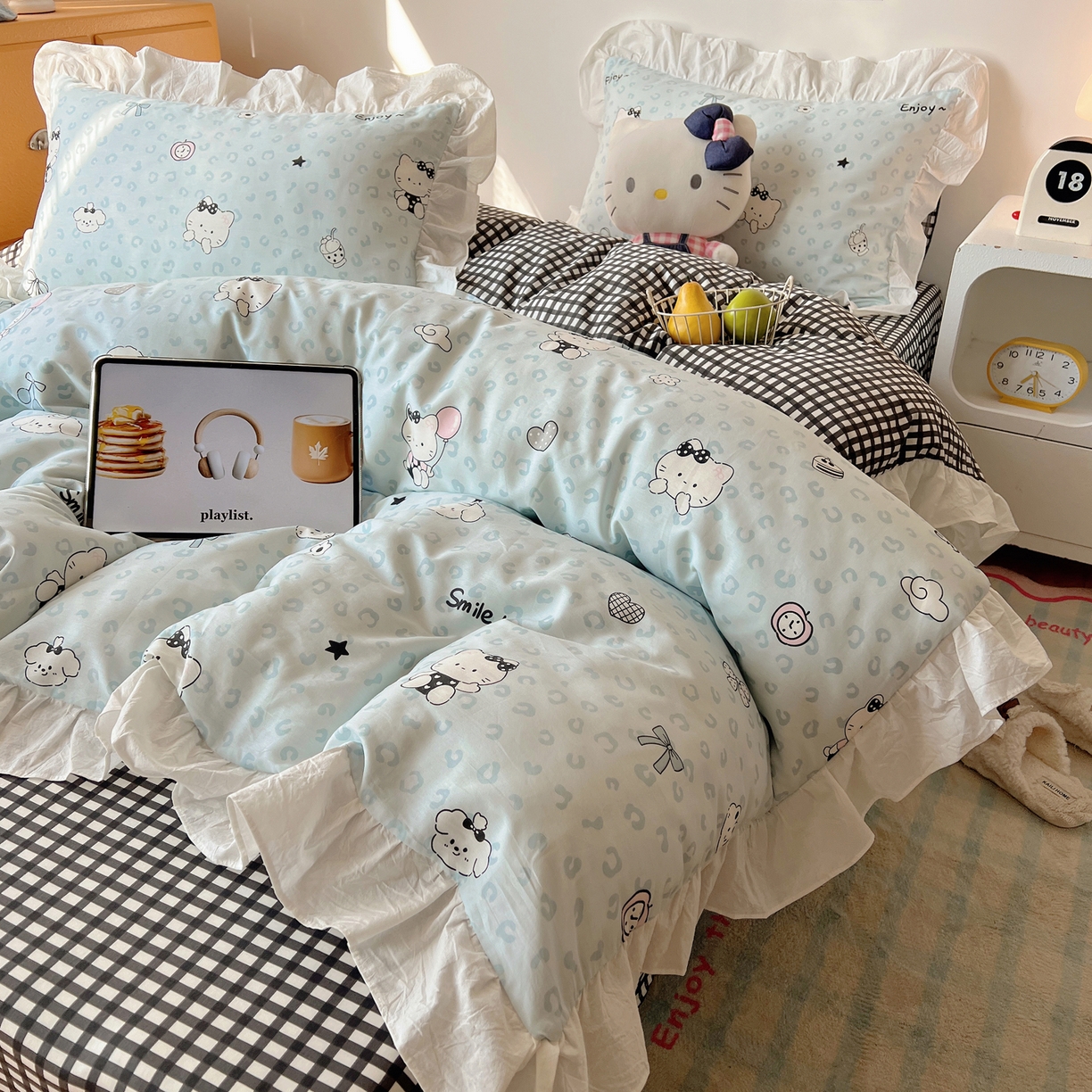 六巷胡同 2026春夏新款韩系可爱风花边款卡通全棉四件套（第一系列） 花边海盐豹纹猫