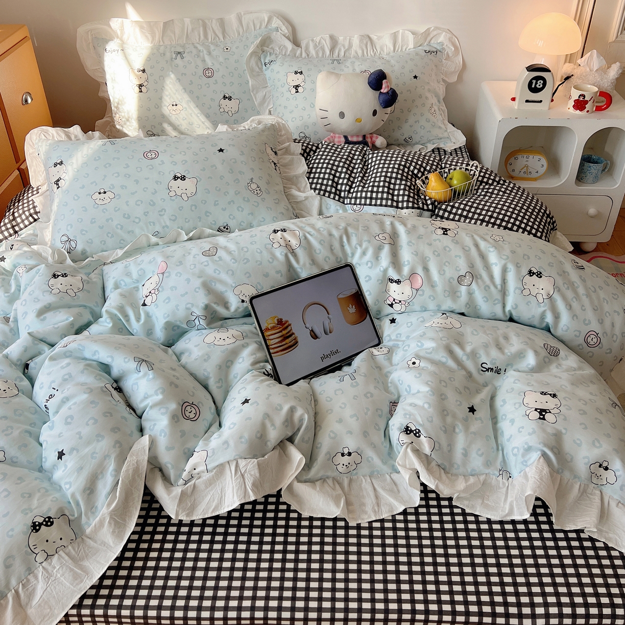 91家纺网 家纺一手货源 找家纺 六巷胡同 2026春夏新款韩系可爱风花边款卡通全棉四件套（第一系列） 花边海盐豹纹猫