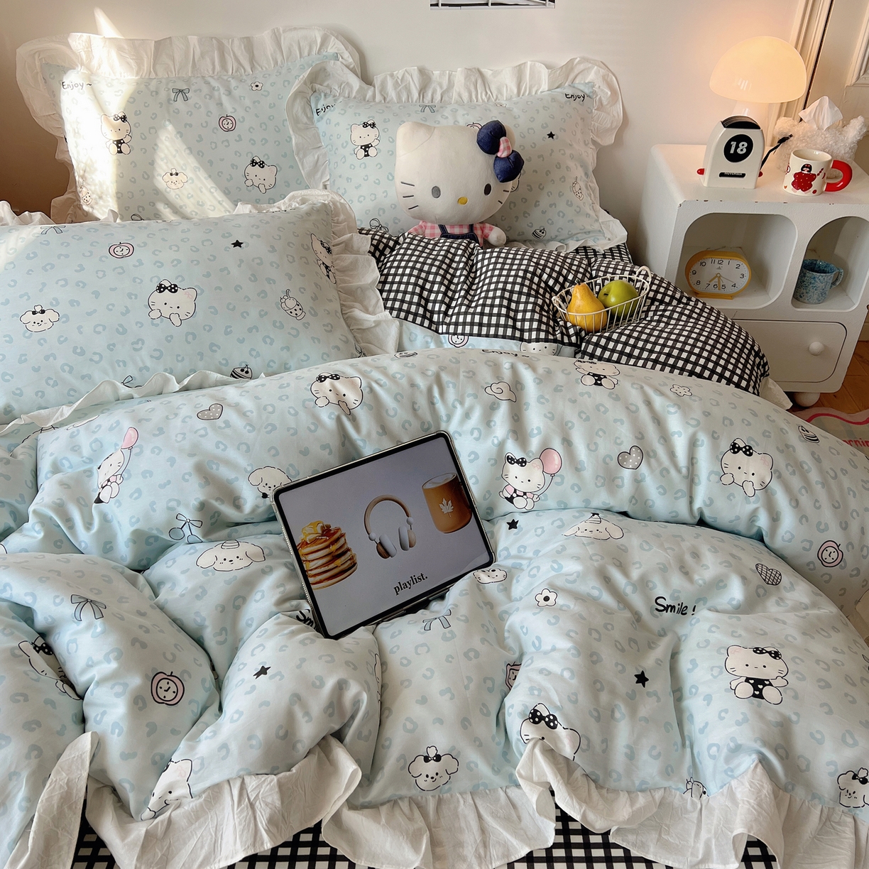 91家纺网 家纺一手货源 找家纺 六巷胡同 2026春夏新款韩系可爱风花边款卡通全棉四件套（第一系列） 花边海盐豹纹猫