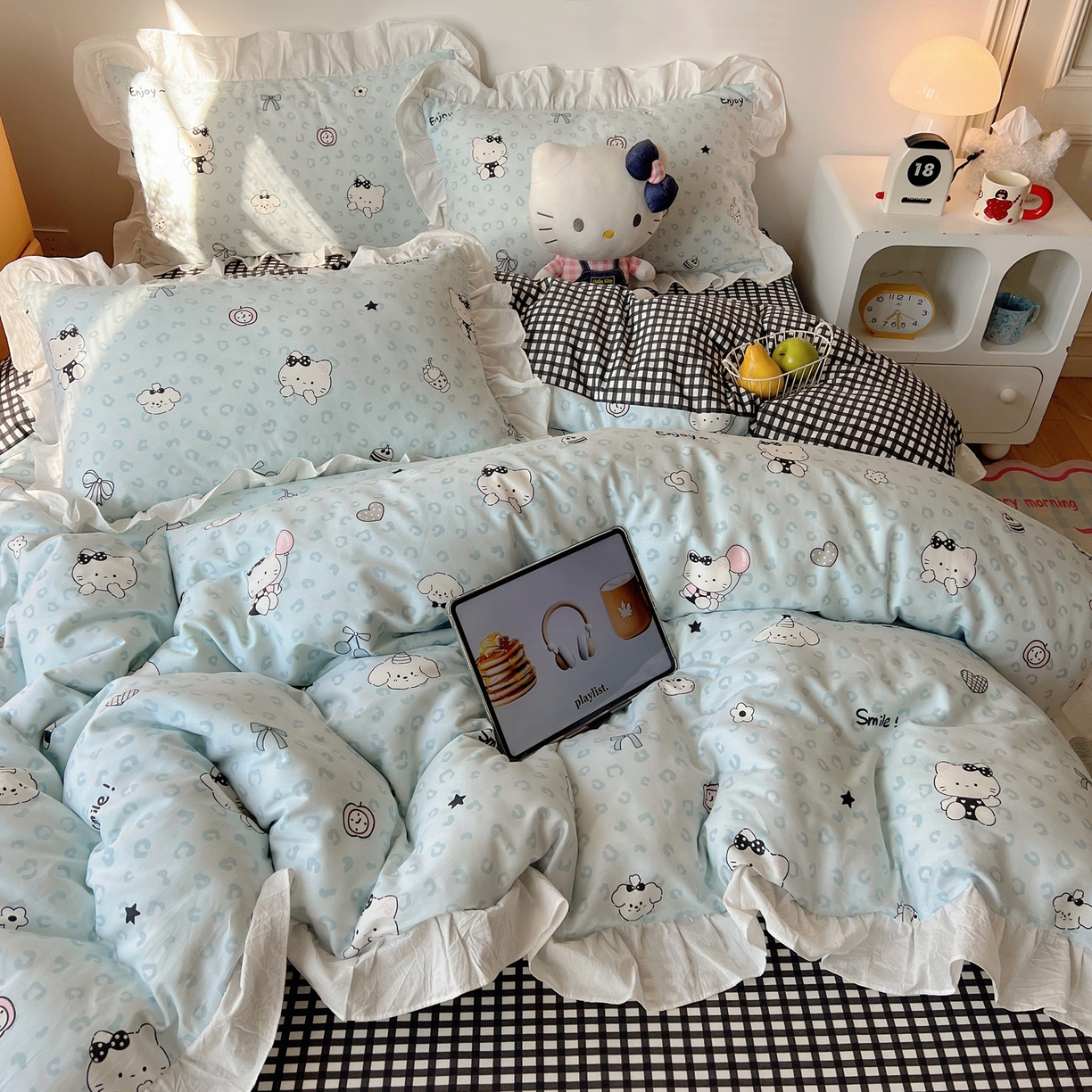 91家纺网 家纺一手货源 找家纺 六巷胡同 2026春夏新款韩系可爱风花边款卡通全棉四件套（第一系列） 花边海盐豹纹猫