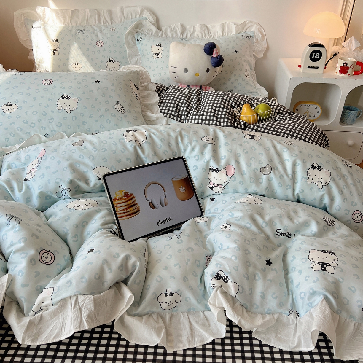 91家纺网 家纺一手货源 找家纺 六巷胡同 2026春夏新款韩系可爱风花边款卡通全棉四件套（第一系列） 花边海盐豹纹猫