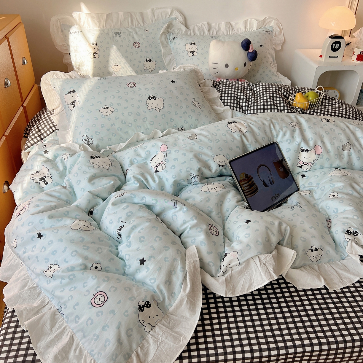 91家纺网 家纺一手货源 找家纺 六巷胡同 2026春夏新款韩系可爱风花边款卡通全棉四件套（第一系列） 花边海盐豹纹猫