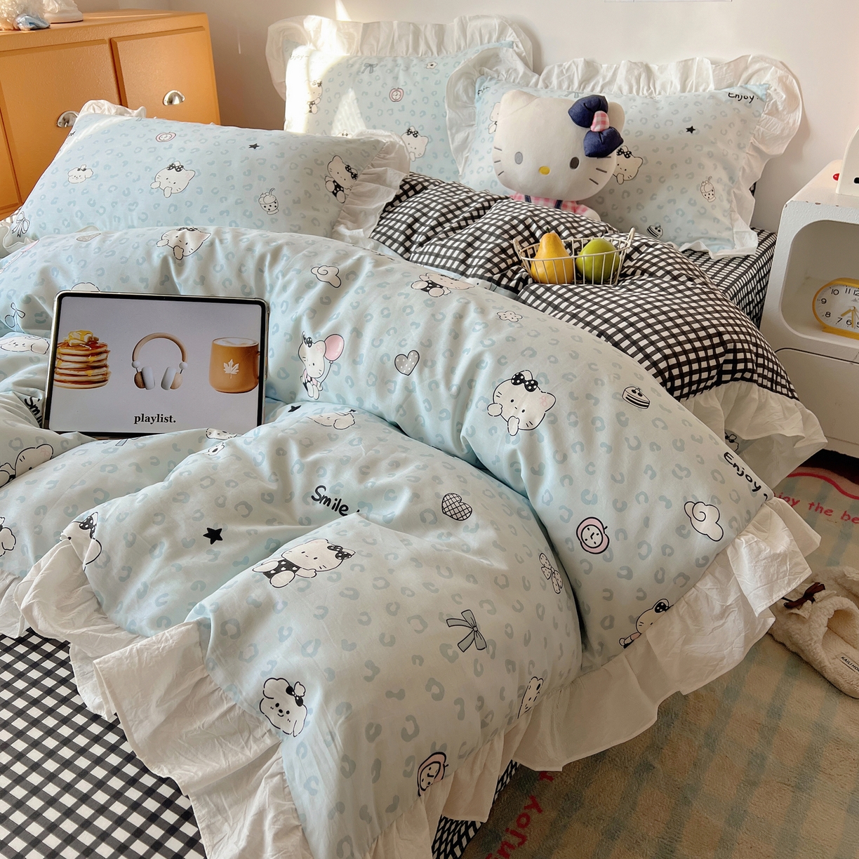 91家纺网 家纺一手货源 找家纺 六巷胡同 2026春夏新款韩系可爱风花边款卡通全棉四件套（第一系列） 花边海盐豹纹猫