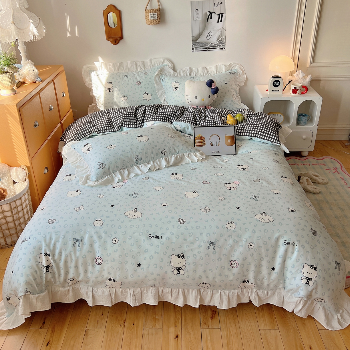 91家纺网 家纺一手货源 找家纺 六巷胡同 2026春夏新款韩系可爱风花边款卡通全棉四件套（第一系列） 花边海盐豹纹猫