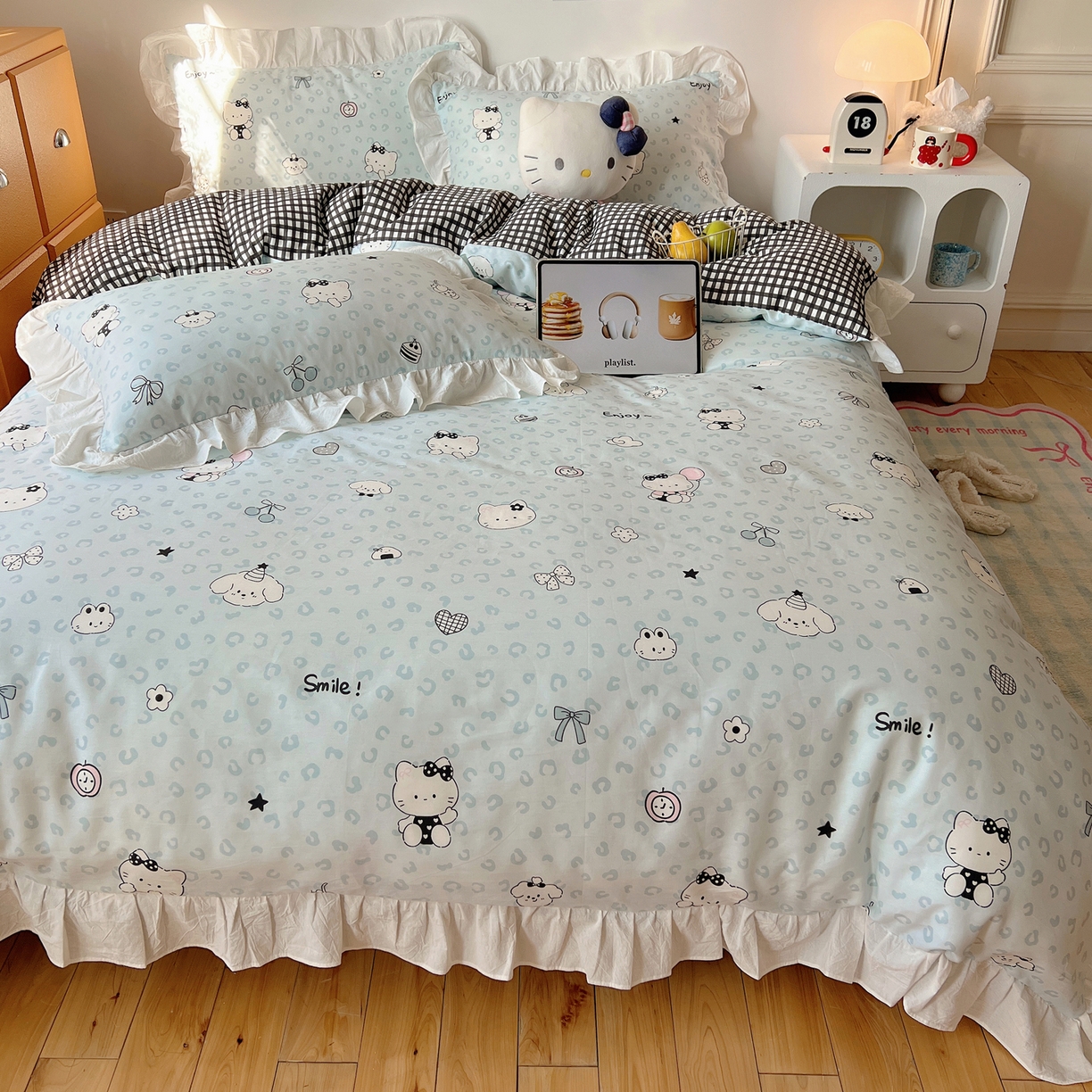 91家纺网 家纺一手货源 找家纺 六巷胡同 2026春夏新款韩系可爱风花边款卡通全棉四件套（第一系列） 花边海盐豹纹猫