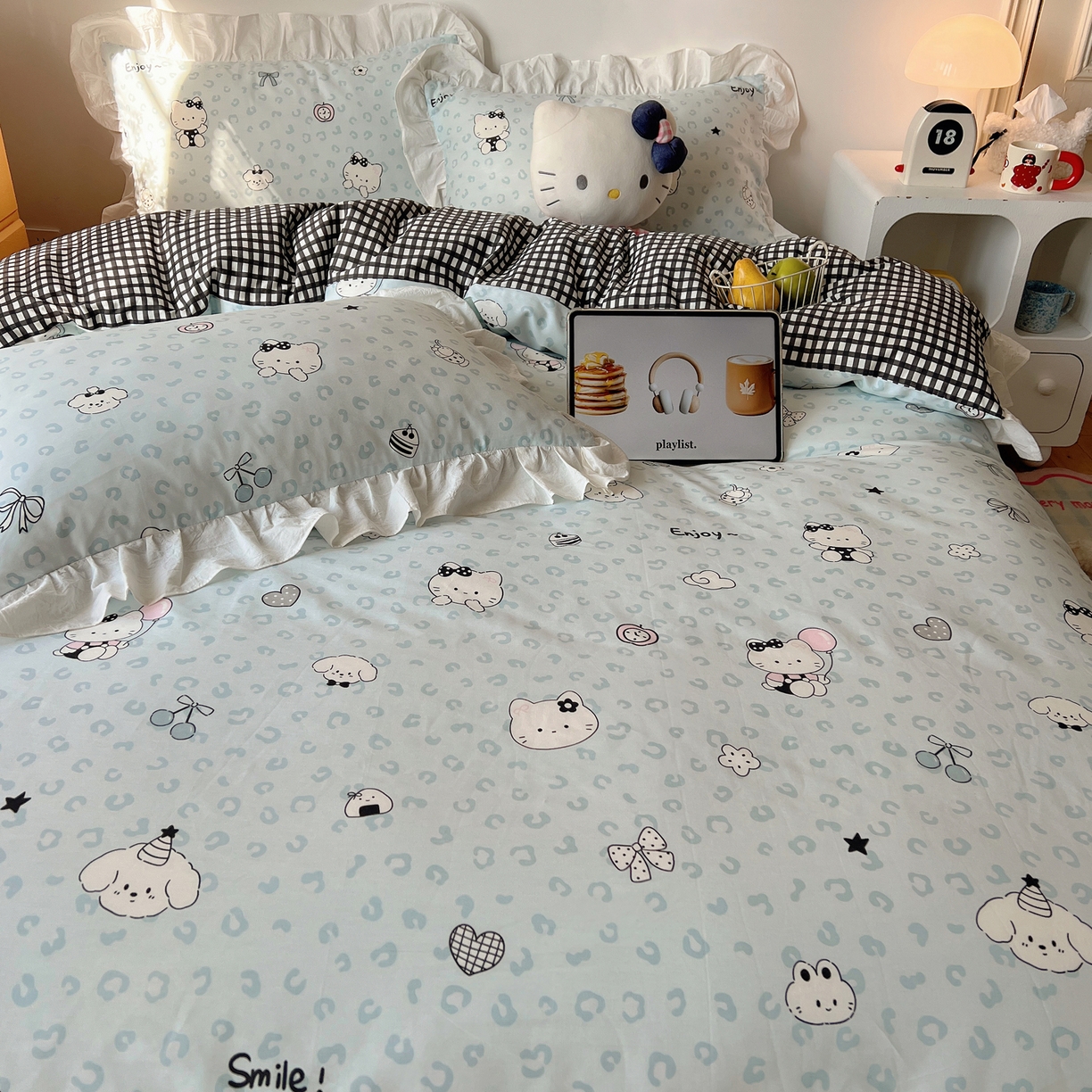 91家纺网 家纺一手货源 找家纺 六巷胡同 2026春夏新款韩系可爱风花边款卡通全棉四件套（第一系列） 花边海盐豹纹猫