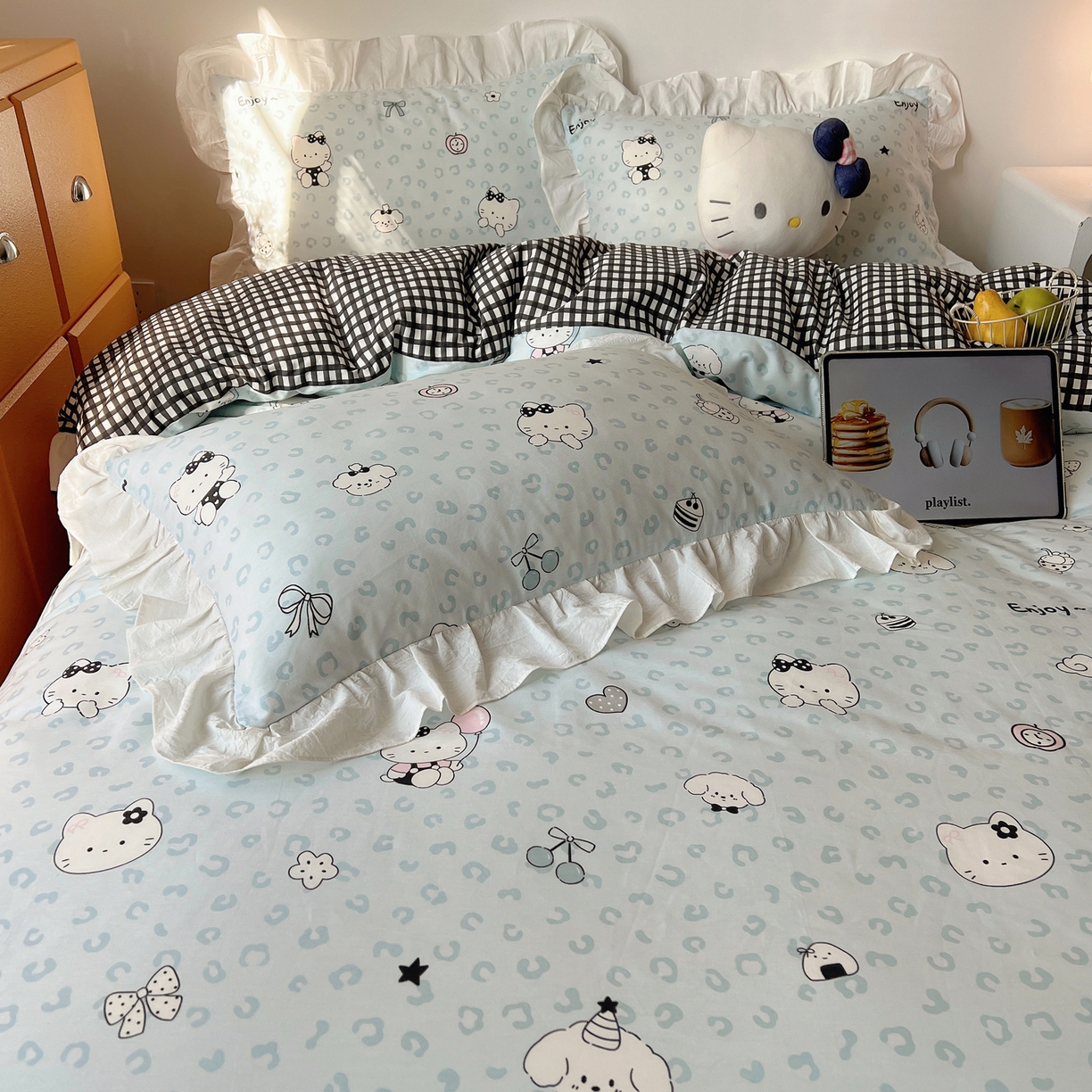 91家纺网 家纺一手货源 找家纺 六巷胡同 2026春夏新款韩系可爱风花边款卡通全棉四件套（第一系列） 花边海盐豹纹猫