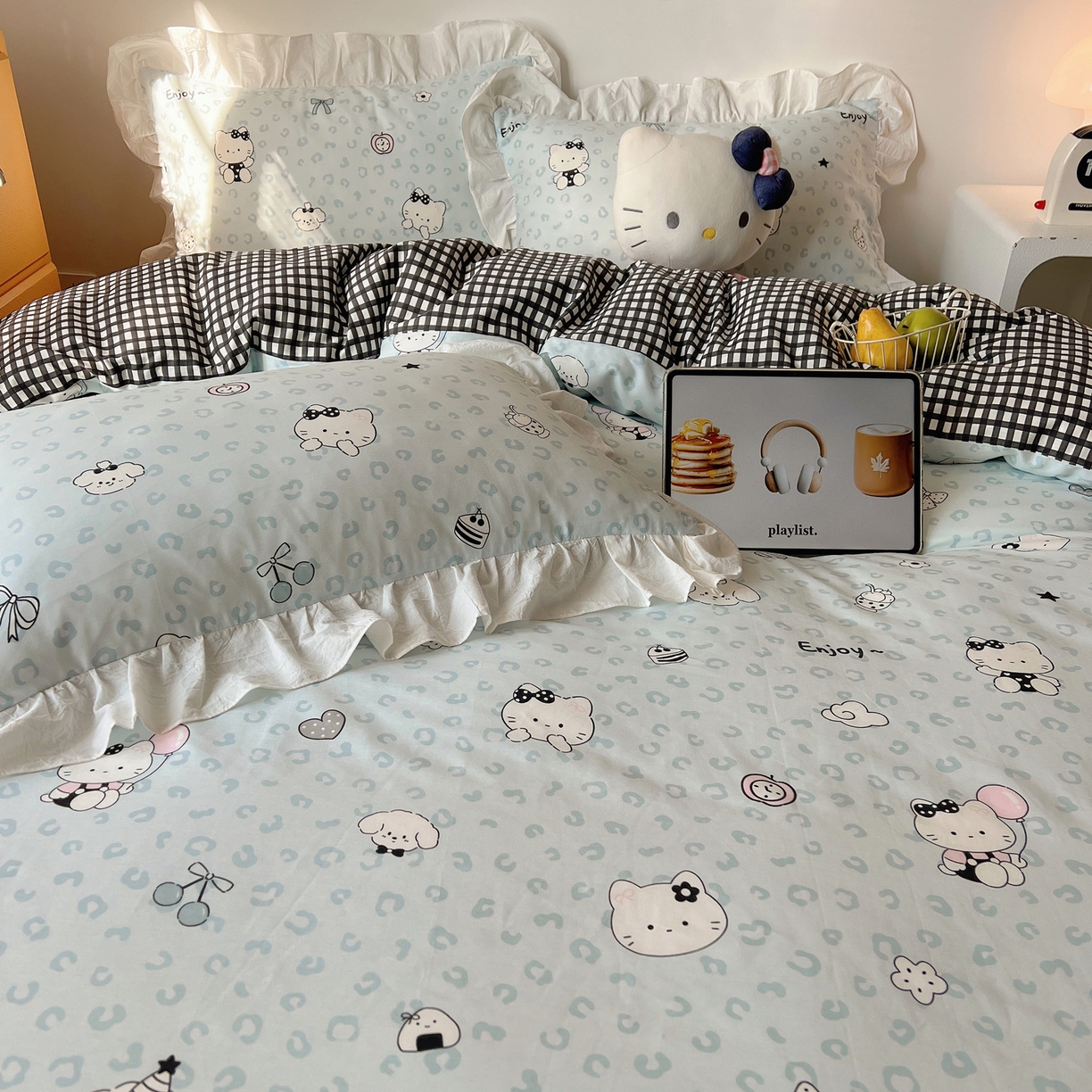 91家纺网 家纺一手货源 找家纺 六巷胡同 2026春夏新款韩系可爱风花边款卡通全棉四件套（第一系列） 花边海盐豹纹猫