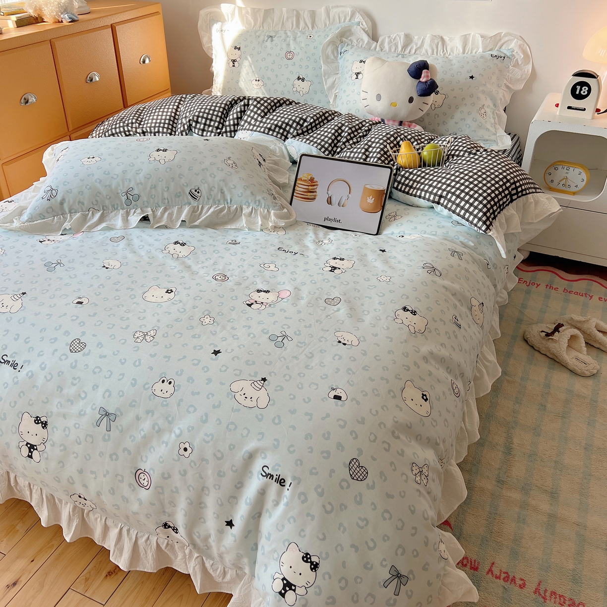 91家纺网 家纺一手货源 找家纺 六巷胡同 2026春夏新款韩系可爱风花边款卡通全棉四件套（第一系列） 花边海盐豹纹猫