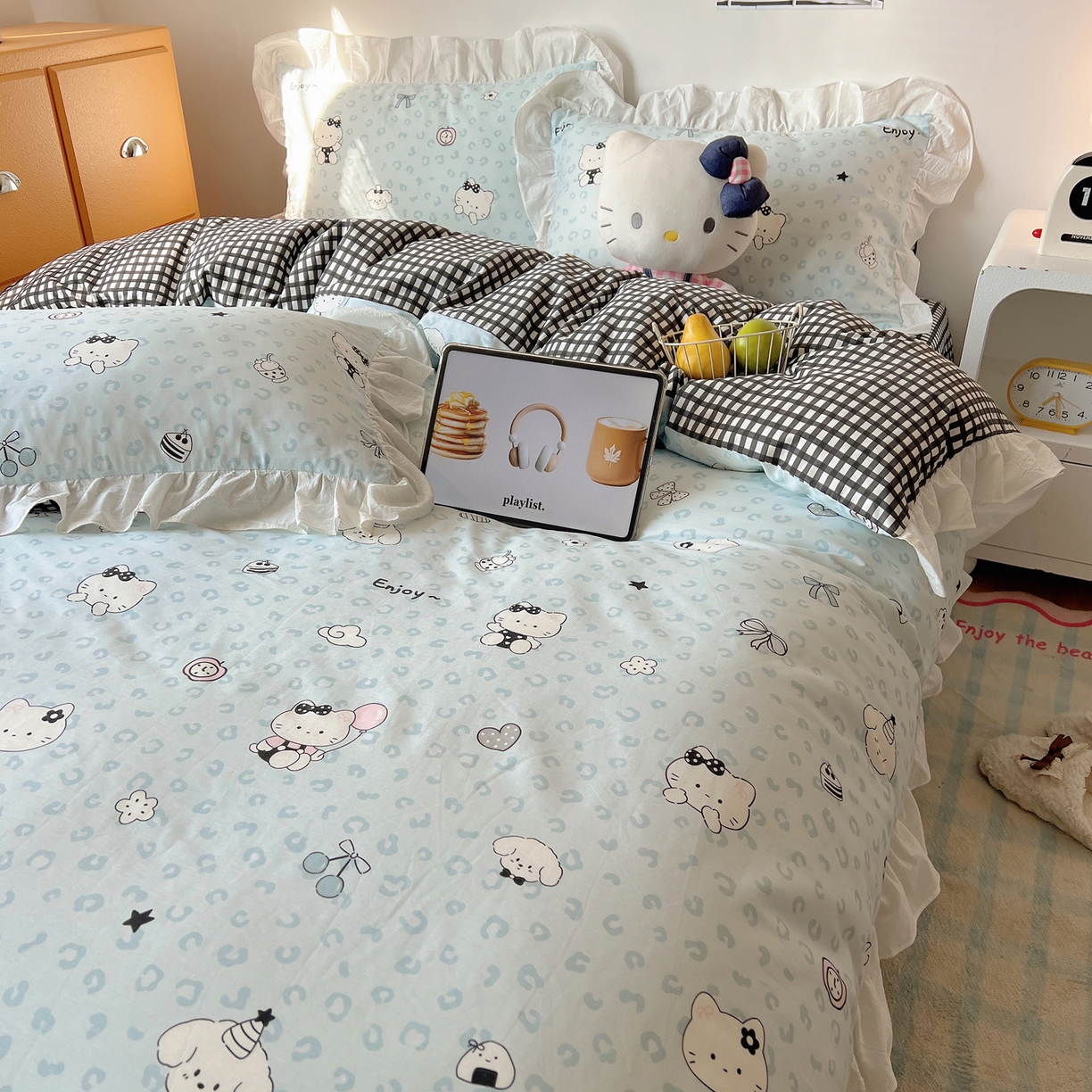 91家纺网 家纺一手货源 找家纺 六巷胡同 2026春夏新款韩系可爱风花边款卡通全棉四件套（第一系列） 花边海盐豹纹猫